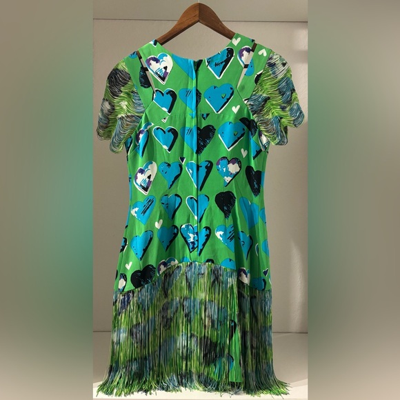 Versace for H&M Vibrant Green and Blue Heart Pattern Dress with Fringe - Size 8 - Picture 2 of 4